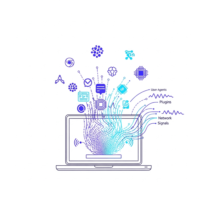 A technical illustration showing a digital device fingerprint concept - a stylized laptop or computer with abstract data points, configuration signatures, and connection lines emanating from it. Include visual elements representing browser attributes, hardware components, and network signals converging into a unique pattern or signature. Use a modern, tech-focused color palette with blues, purples, and cyans. The style should be clean, professional, and diagram-like.