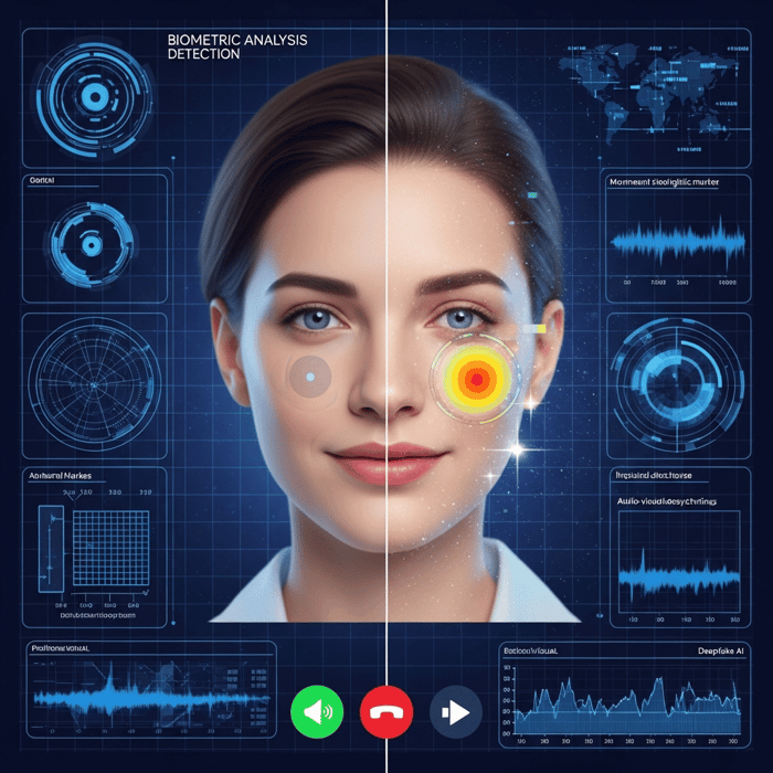 A split-screen technical illustration showing a video interview scenario: on the left side, a legitimate video call participant with natural biometric markers and authentic facial features; on the right side, a deepfake AI-generated face with subtle glitches, distortions in eye movement, unnatural lip sync patterns, and digital artifacts. Dark blue and purple cybersecurity color scheme, high-tech interface aesthetic, showing biometric analysis overlays detecting anomalies, professional security monitoring visualization, digital forensics style
