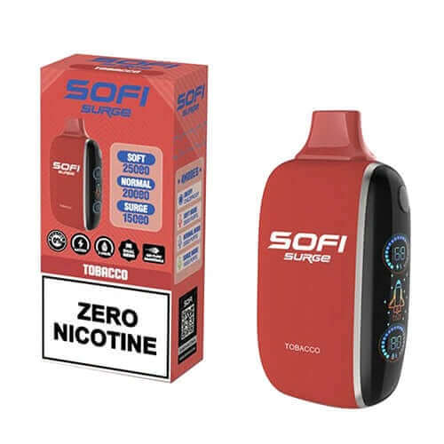 SOFI Surge Tobacco 25K ZERO Nicotine Disposable with bold tobacco flavor and digital LED screen.