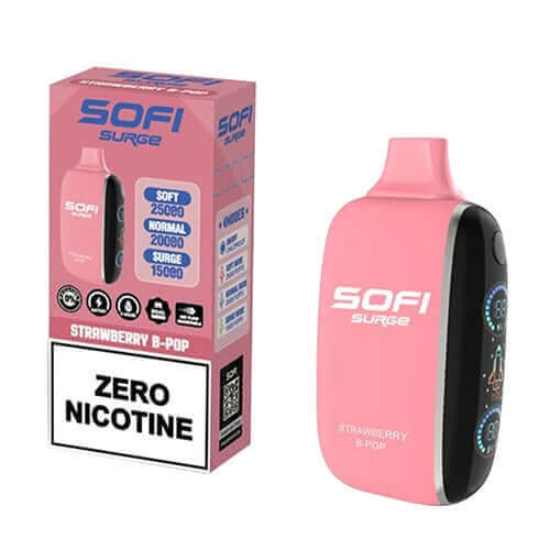 SOFI Surge Strawberry B-Pop 25K ZERO Nicotine Disposable pink vape device with packaging showing zero nicotine.