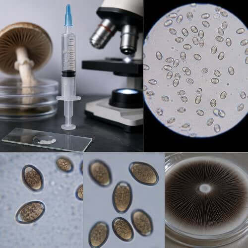 basidiospores of Psilocybe cubensis under 400x compound microscope brightfield
