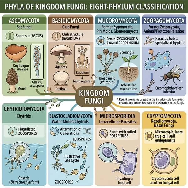 Phyla graphic: eight phyla Kingdom Fungi Ascomycota Basidiomycota classification