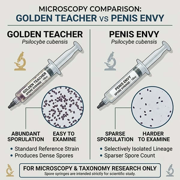 Golden Teacher vs Penis Envy Psilocybe cubensis spore syringes side by side