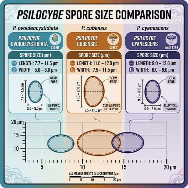 Psilocybe ovoideocystidiata vs cubensis vs cyanescens spore size comparison