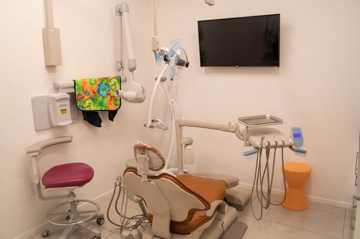 Modern dental treatment room with patient chair, overhead exam light, wall-mounted monitor, and sterilized dental instruments.