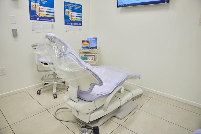 A white dental chair