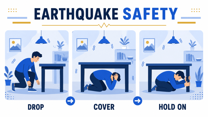 Earthquake safety infographic demonstrating Drop, Cover, and Hold On