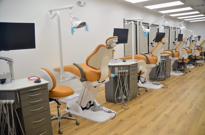 A line of dental chairs on a dental clinic