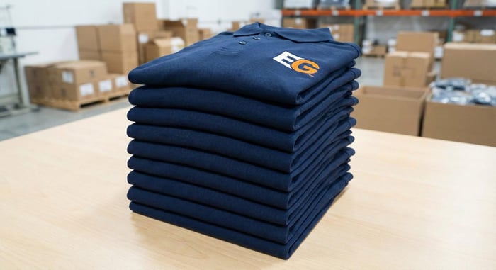 A stack of identical navy blue work polos with consistent embroidered logos in a warehouse.