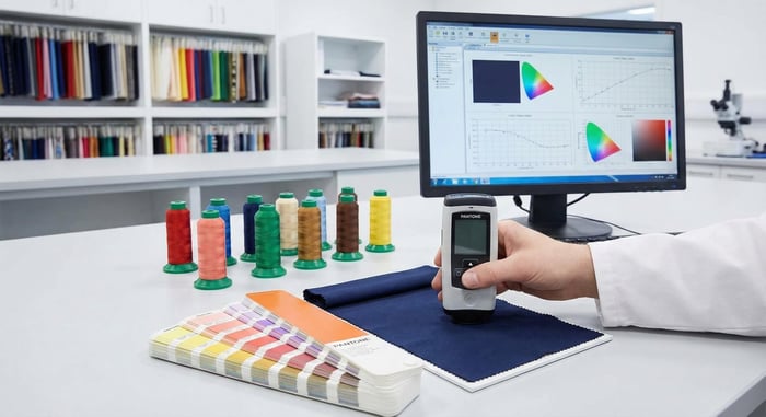 echnician using a colorimeter to measure fabric color against Pantone standards in a textile lab.