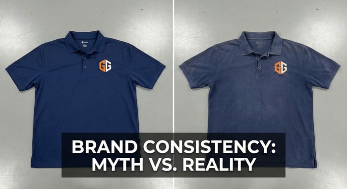 Side-by-side comparison of a new, consistent work polo versus an old, faded and inconsistent one.