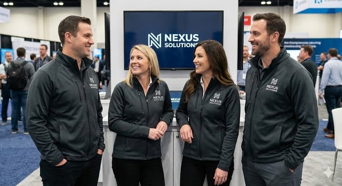 team wearing branded custom apparel at a conference