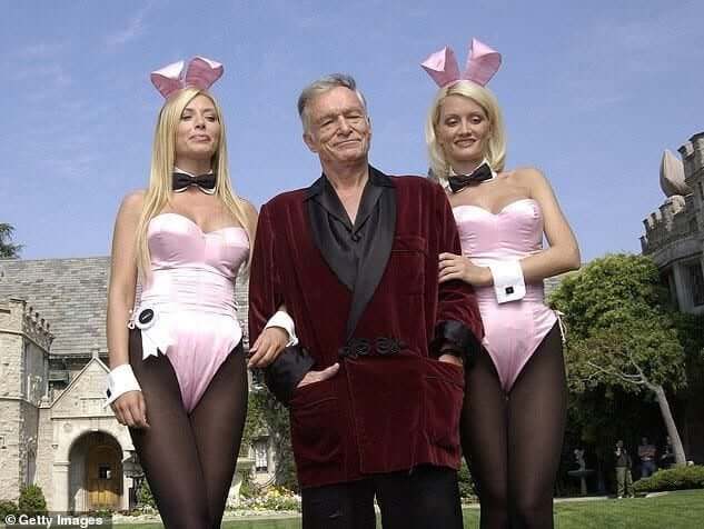 Playboy bunnies Sheila Levell and Holy Madison flank Hugh Hefner in front of the Mansion. When&nbsp;Metropoulos bought the property, he allowed Hefner to spend his last days there until he passed away from sepsis in 2017