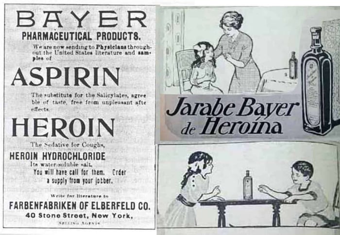 Ewan Morrison on X: "HEROIN - The Cure for a Cough. In 1898 Bayer began  advertising a heroin-laced aspirin, targeted at children suffering from  sore throats, coughs & cold. Bottles depicted children