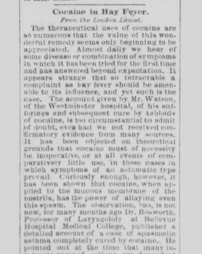 Heading reads “Cocaine in Hay Fever”. Text includes an article the therapeutical uses of cocaine, including hay fever