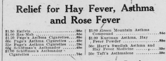 Heading reads, “Relief for Hay Fever, Asthm$1.20 Page’s Asthma Cigarettes…89c.”