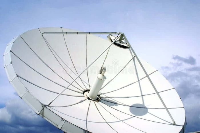 White satellite-dish and dramatic blue sky. Satellite dish stock images, royalty-free photos and pictures