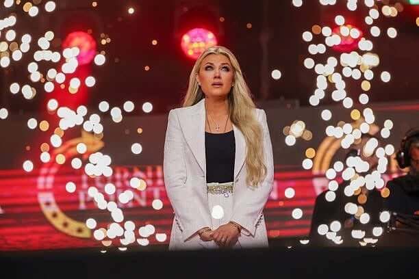 Erika Kirk speaks during the memorial service for her husband, political activist Charlie Kirk at State Farm Stadium on September 21, 2025 in...