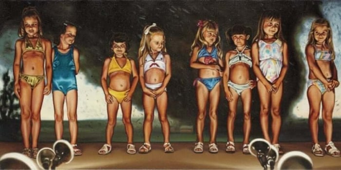Hyperrealistic painting of eight young girls in swimsuits standing under stage lights, arranged in a row as if participating in a child beauty pageant, with dark and ambiguous background tones.