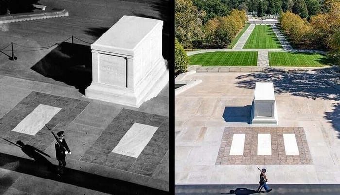 left an army sentry walking by the tomb of the unknown soldier nineteen fifty eight right a sentry walking by the tomb in two thousand twenty