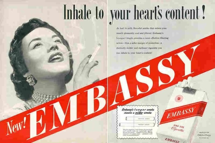 Before the surgeon general's 1964 report, people didn't know about the dangers of smoking, as this 1949 Embassy cigarette ad reveals.
