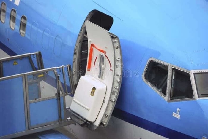Open aircraft passenger door as seen from the gate. Aircraft door outside stock images, royalty-free photos and pictures