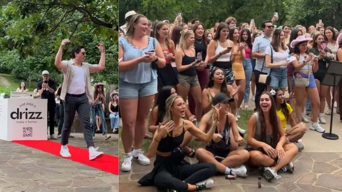 A lookalike walks the red carpet past the cheering crowd at the Jacob Elordi lookalike contest in Dallas, hosted by Drizz.