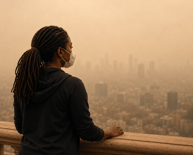 Black woman with locs overlooking a smog filled city, illustrating how air pollution and environmental buildup can affect locs and scalp health