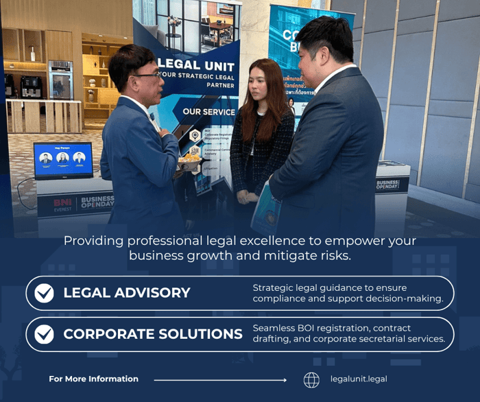 The image depicts a professional legal service provider offering strategic legal solutions, including corporate registrations, litigation, and compliance services, to support business growth and risk mitigation.AI-generated content may be incorrect.