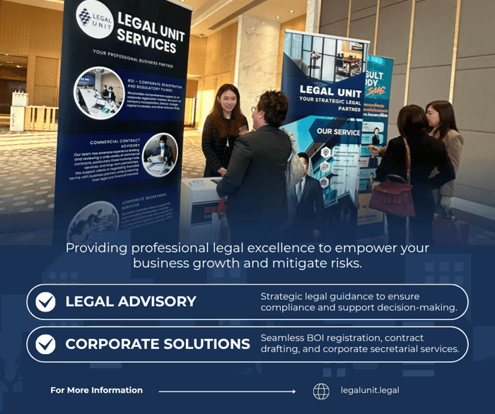 The image depicts a professional legal services banner highlighting services such as corporate redistribution, contract drafting, and legal advisory, emphasizing their expertise in corporate law and strategic legal support.AI-generated content may be incorrect.