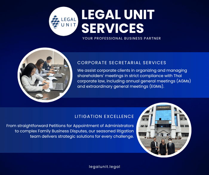 The image depicts a professional legal unit specializing in corporate secretarial services and litigation, showcasing their expertise in managing shareholder meetings and resolving complex legal disputes.AI-generated content may be incorrect.