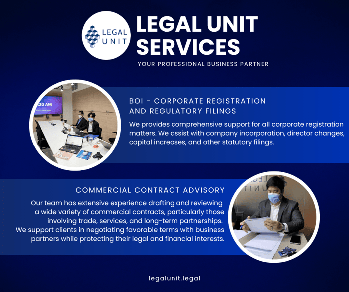 The image depicts a legal unit service offering assistance with corporate registration, regulatory filings, and commercial contract advisory.AI-generated content may be incorrect.