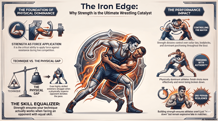Infographic titled "The Iron Edge: Why Strength is the Ultimate Wrestling Catalyst," showing how strength training drives wrestling performance through force application, technique support, match control, finishing power, and third-period resilience.