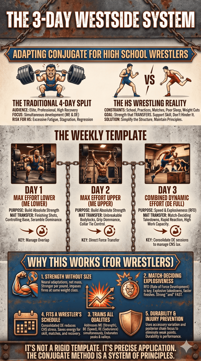 Infographic titled "The 3-Day Westside System: Adapting Conjugate for High School Wrestlers." The top compares the traditional 4-day split (built for elite, professional lifters with high recovery) against the high school wrestling reality of school, practices, matches, poor sleep, and weight cuts — making the case to simplify the structure while maintaining Conjugate principles. The weekly template breaks down into Day 1 Max Effort Lower for absolute strength and finishing shots, Day 2 Max Effort Upper for bodylocks, grip, and collar tie control, and Day 3 Combined Dynamic Effort for speed, explosiveness, and match-deciding takedowns. The bottom section explains why it works for wrestlers: strength without size gain, match-deciding explosiveness through rate of force development, training all qualities simultaneously, fitting a wrestler's schedule, and durability and injury prevention. Closes with "It's not a rigid template. It's precise application. The Conjugate Method is a system of principles."