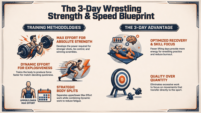 Infographic outlining the 3-Day Wrestling Strength & Speed Blueprint, covering Max Effort, Dynamic Effort, and strategic body splits alongside the recovery and skill-focus benefits of a 3-day schedule.
