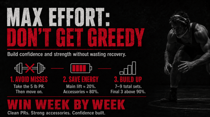 max effort: dont get greedy infographic avoid misses, save energy, build up to 7-9 sets with final 3 above 90%