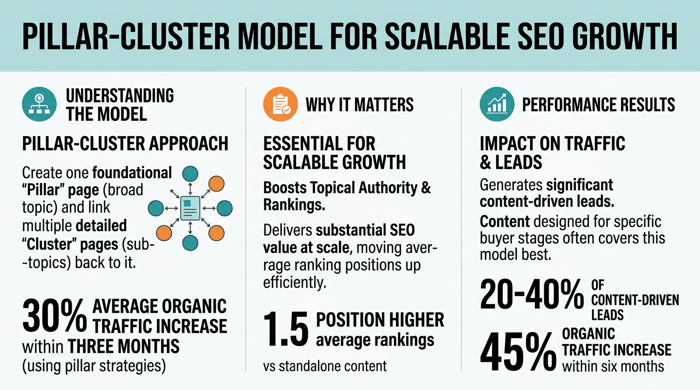 Pillar-Cluster Model for Scalable SEO Growth infographic