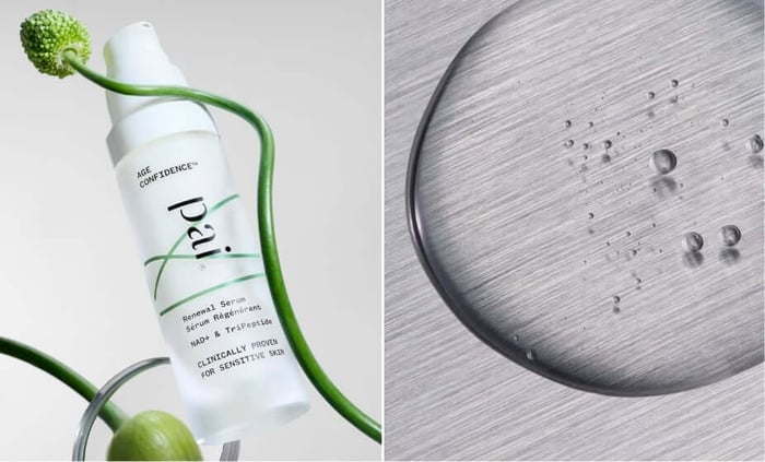 Pai Renewal Serum containing cica alongside petri dish with water droplets demonstrating ingredient purity