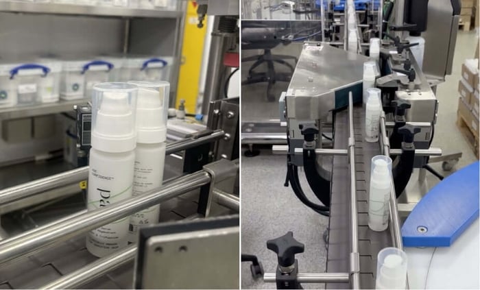 Pai Skincare Age Confidence serum bottles moving through automated production line machinery