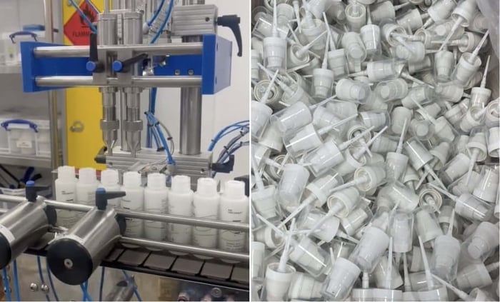 Skincare manufacturing equipment producing Age Confidence serum bottles with white pump dispensers