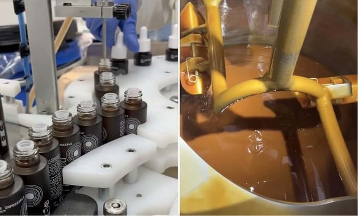 Behind-the-scenes skincare laboratory production showing amber glass bottles on filling line and golden self-tan formula being mixed in vessel