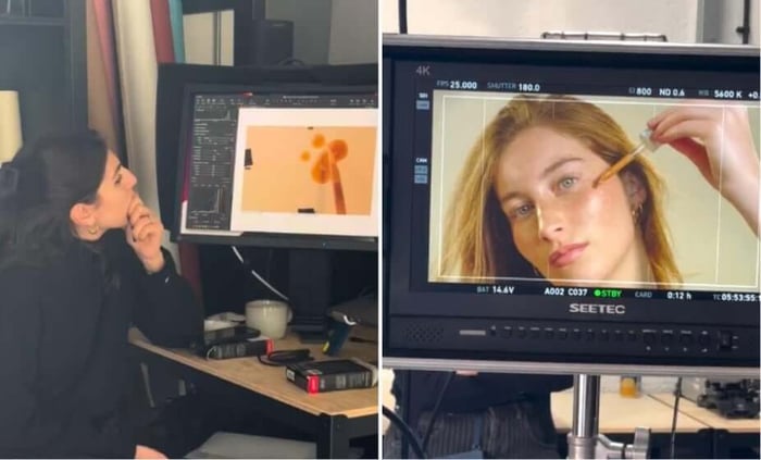 Behind-the-scenes photo shoot setup for Pai Skincare self tan drops campaign with model and production monitors