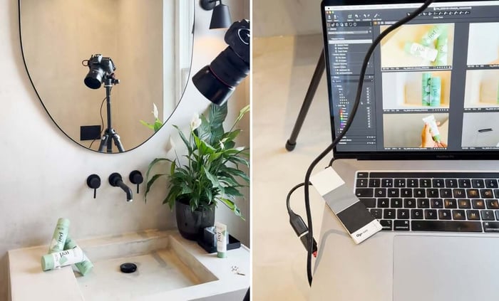 Behind-the-scenes product photography setup with Pai Skincare bodycare products being styled in a modern bathroom for commercial shoot