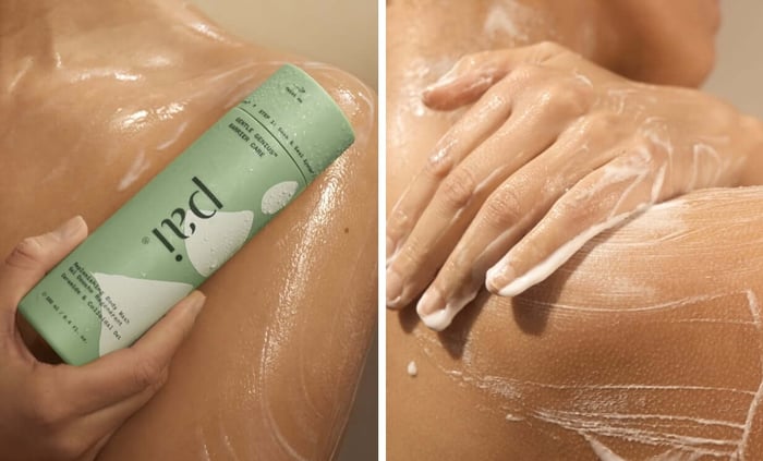 Hands applying Gentle Detox Cleanser body wash in shower, showing its gentle cleansing foam for sensitive skin