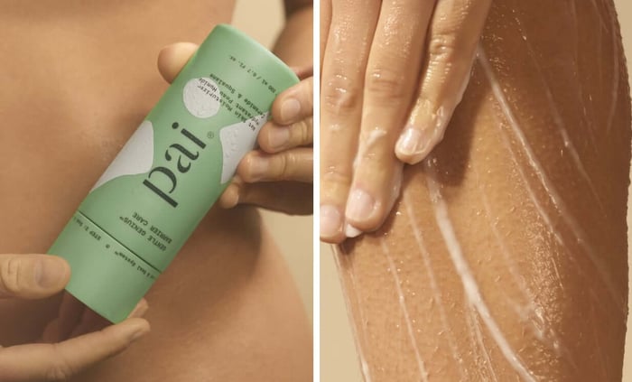 Pai Skincare Wet Skin Moisturiser being applied to wet skin, showing the green tube being held and the moisturiser being spread on damp skin