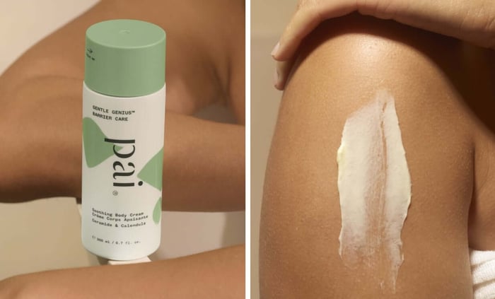 Pai Gentle Genius Barrier Care body cream tube with mint green cap alongside application on skin showing white cream texture