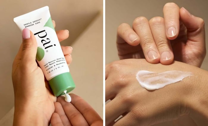 Hands dispensing and applying Rapid Rescue Hand Cream for dry skin treatment