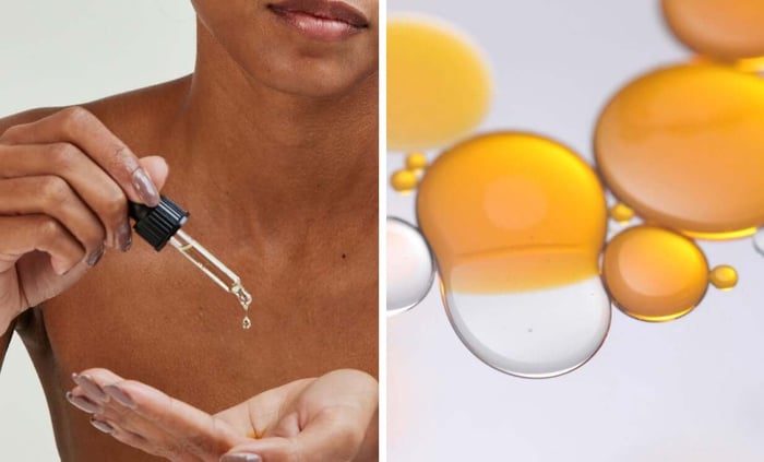Woman applying golden serum from dropper bottle alongside golden oil droplets showing natural skincare boosters for sensitive skin