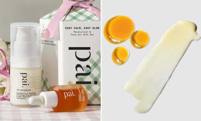 Pai Easy Calm Easy Glow gift set with Chamomile & Rosehip Moisturizer and Rosehip BioRegenerate Oil in green gingham packaging with pink ribbon, alongside gua sha tool and golden oil droplets