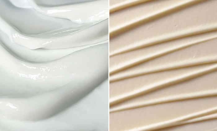 Side-by-side texture comparison showing white cream moisturiser and golden oil serum for sensitive skin